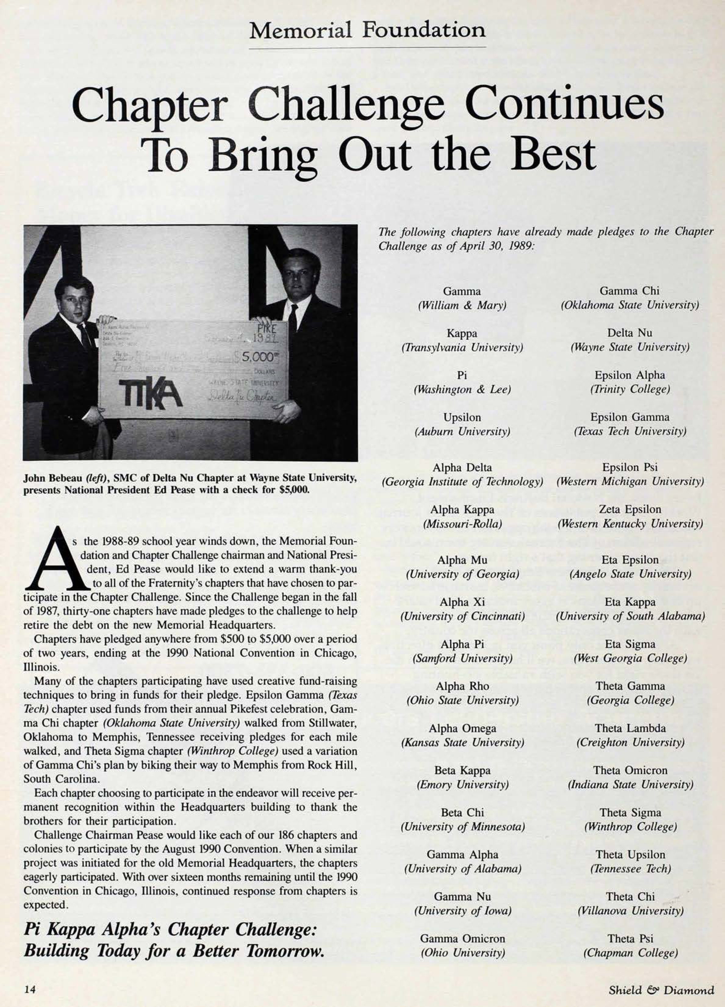 Memorial Foundation: Chapter Challenge Continues To Bring Out The Best